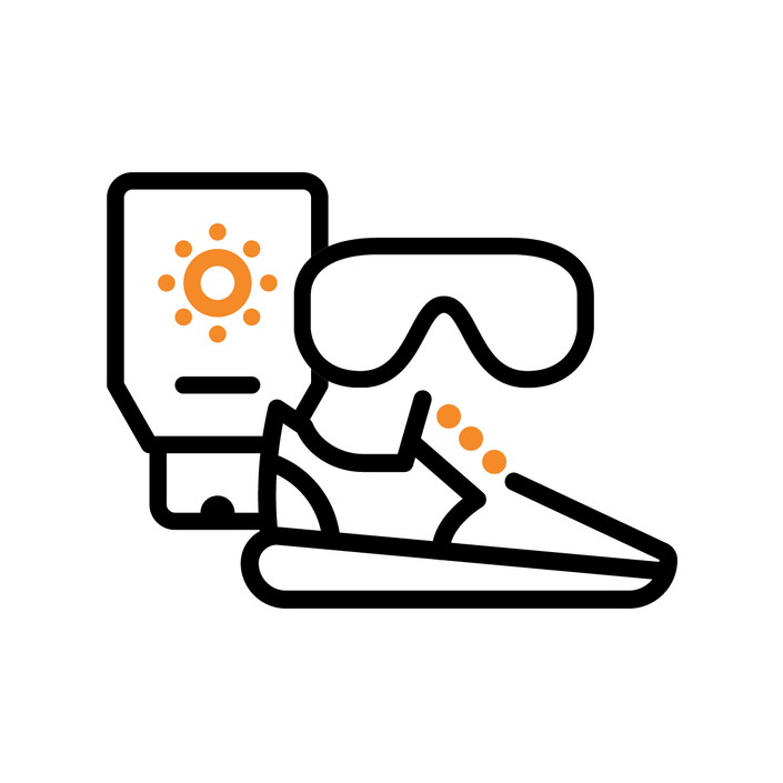 Sunscreen, sunglasses, proper clothing and footwear Sunscreen, sunglasses, proper clothing and footwear